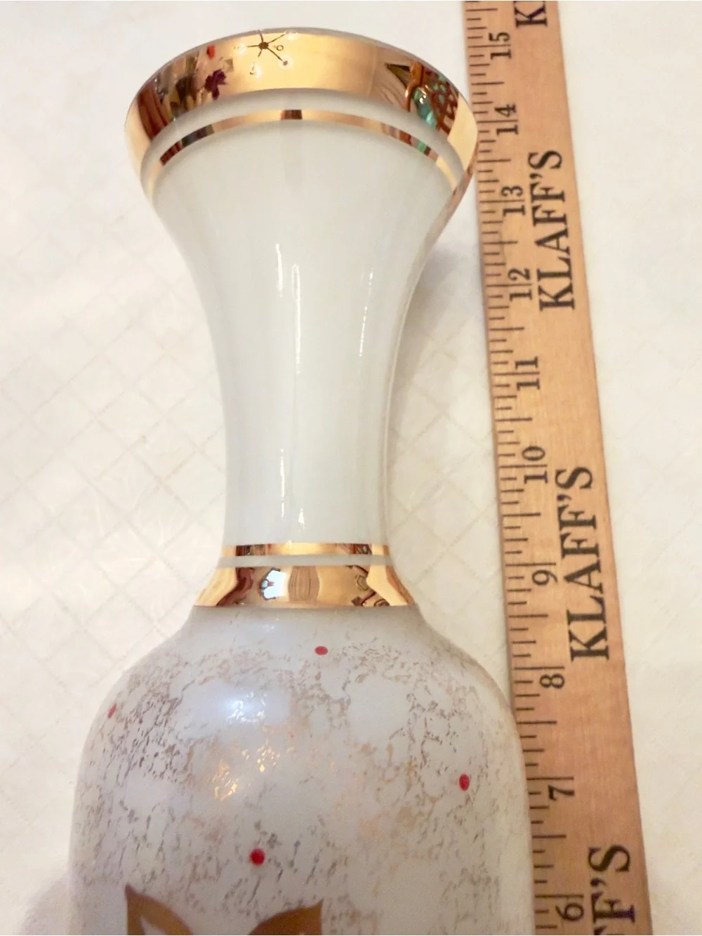 White opaline/milk glass gilded (gold) flower speckled gold stippling red dots